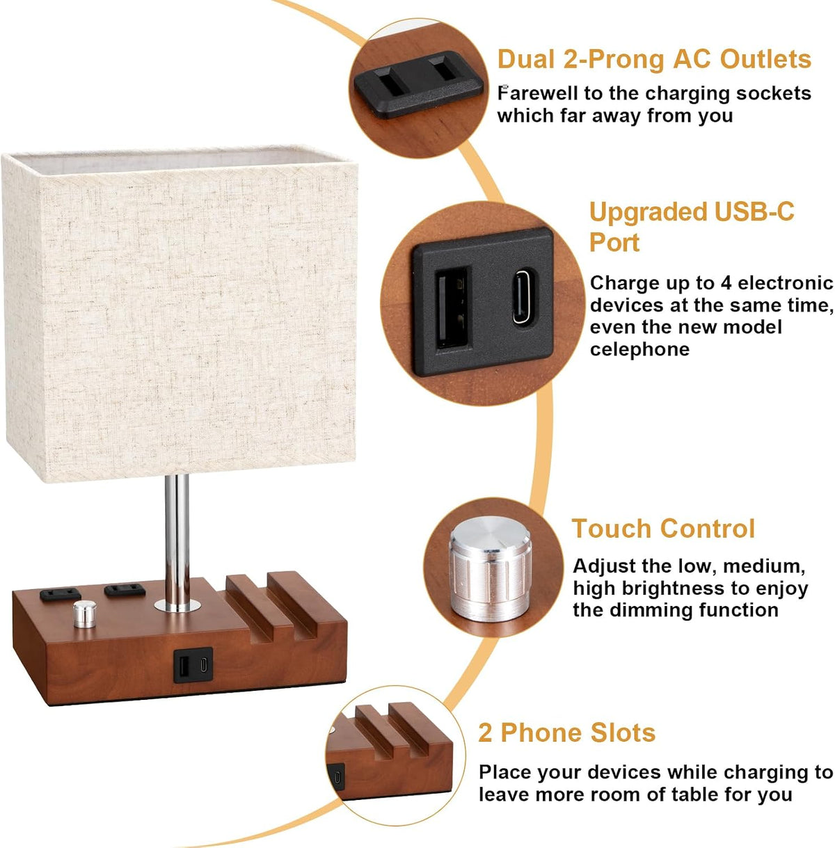 Bedside Table Lamp for Bedroom Nightstand - Stepless Dimmable, 2 AC Outlets
