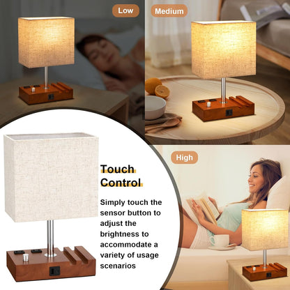 Bedside Table Lamp for Bedroom Nightstand - Stepless Dimmable, 2 AC Outlets