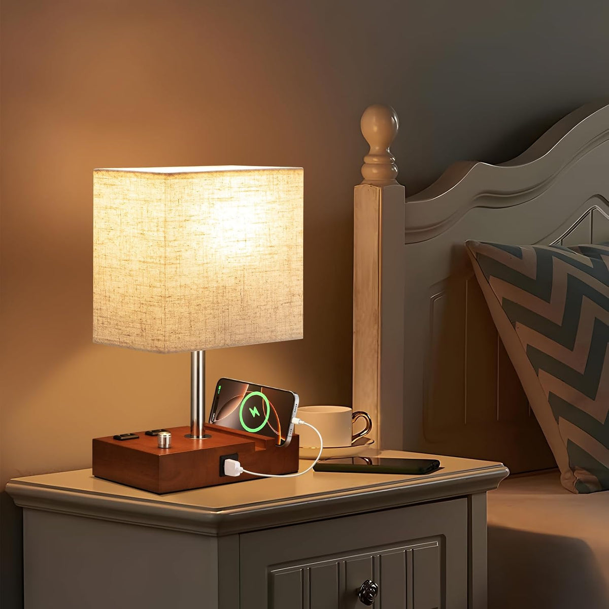 Bedside Table Lamp for Bedroom Nightstand - Stepless Dimmable, 2 AC Outlets