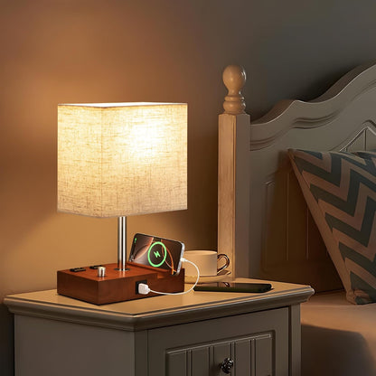 Bedside Table Lamp for Bedroom Nightstand - Stepless Dimmable, 2 AC Outlets