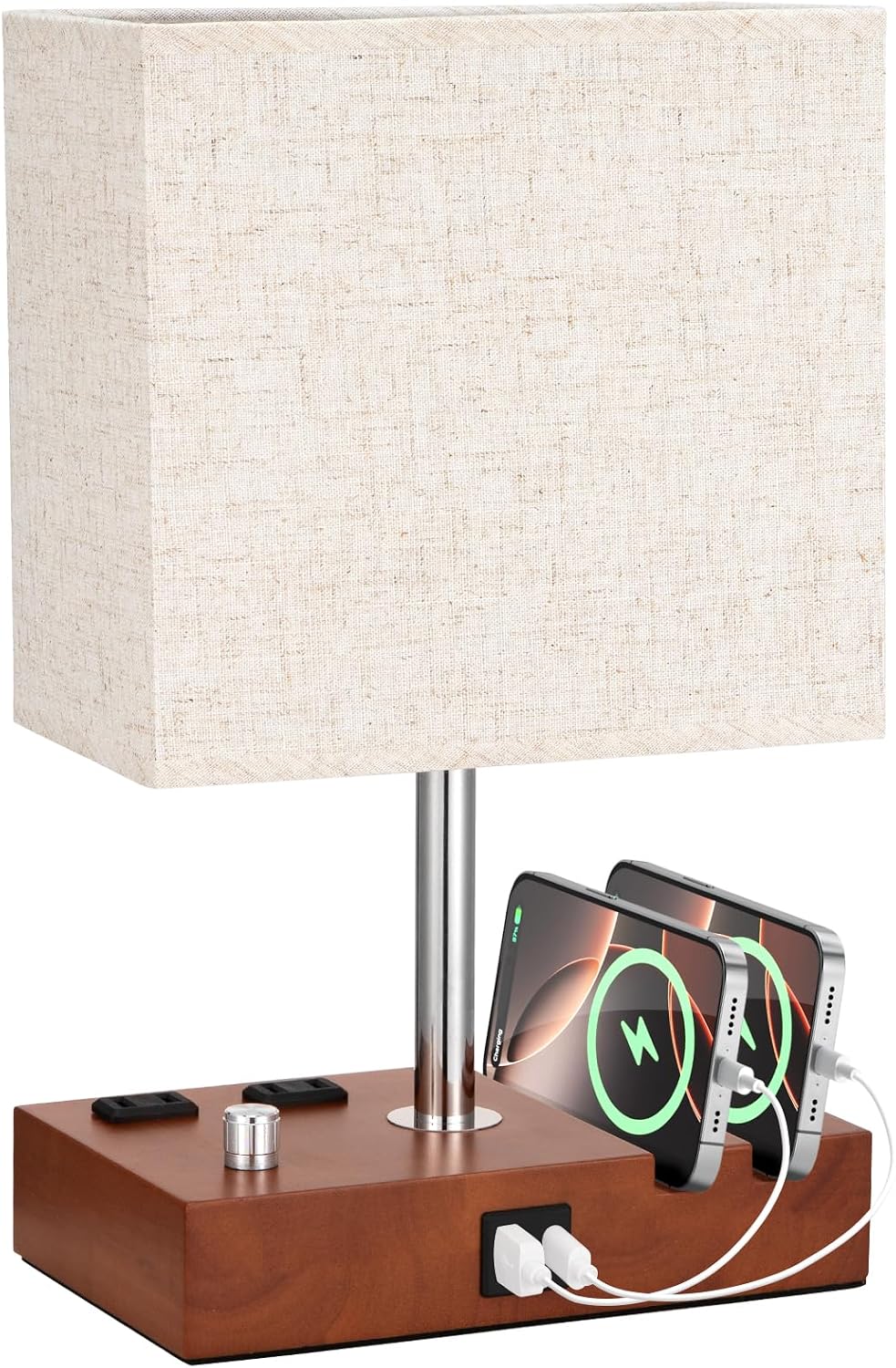 Bedside Table Lamp for Bedroom Nightstand - Stepless Dimmable, 2 AC Outlets