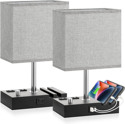 Bedside Table Lamp for Bedroom Nightstand - Stepless Dimmable, 2 AC Outlets