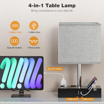 Bedside Table Lamp for Bedroom Nightstand - Stepless Dimmable, 2 AC Outlets