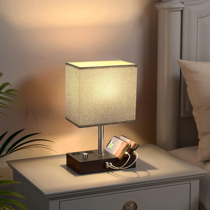 Bedside Table Lamp for Bedroom Nightstand - Stepless Dimmable, 2 AC Outlets
