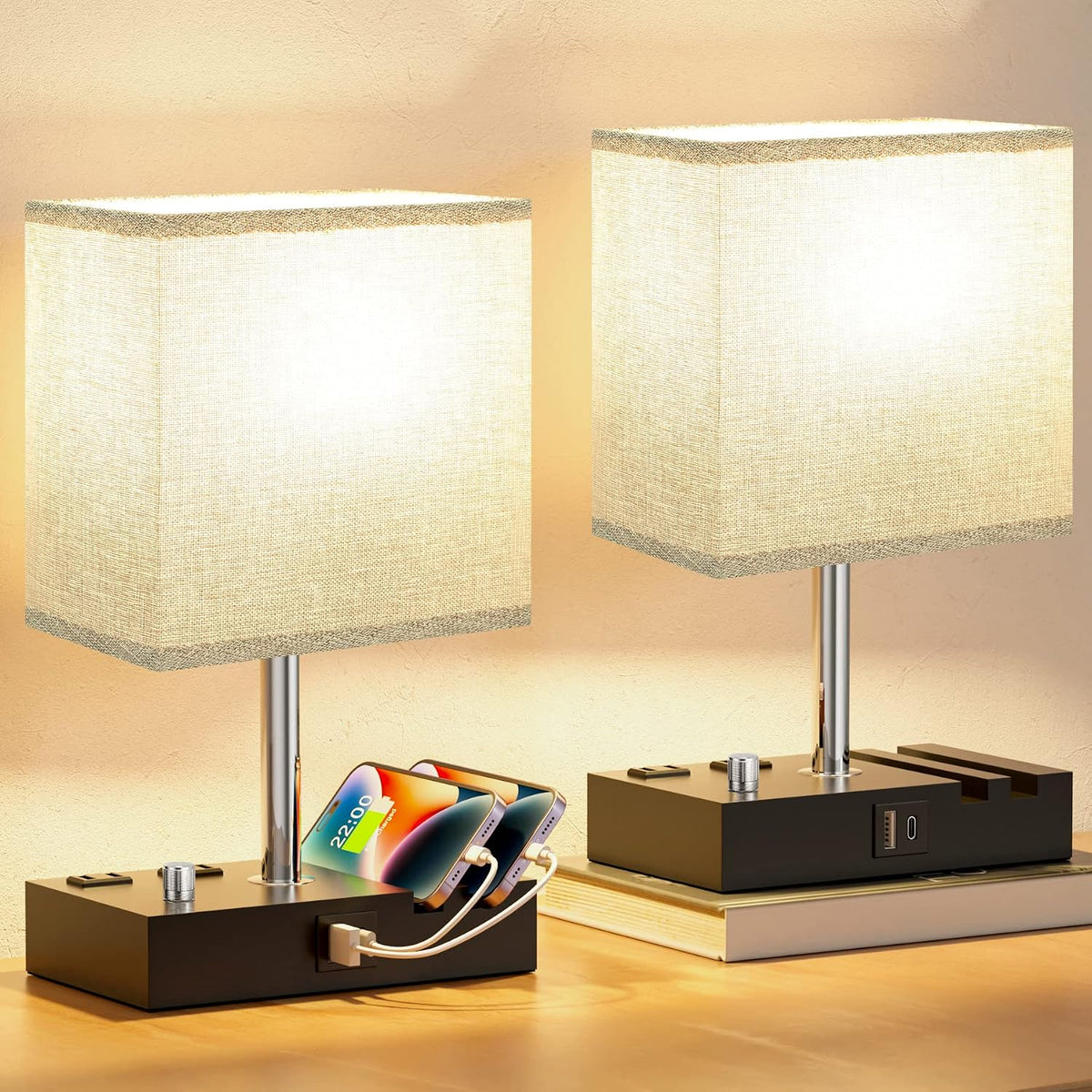 Bedside Table Lamp for Bedroom Nightstand - Stepless Dimmable, 2 AC Outlets