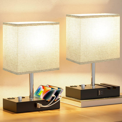 Bedside Table Lamp for Bedroom Nightstand - Stepless Dimmable, 2 AC Outlets