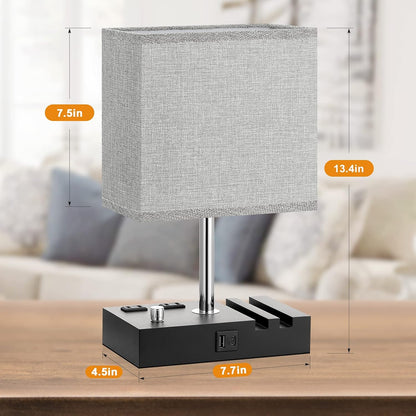 Bedside Table Lamp for Bedroom Nightstand - Stepless Dimmable, 2 AC Outlets