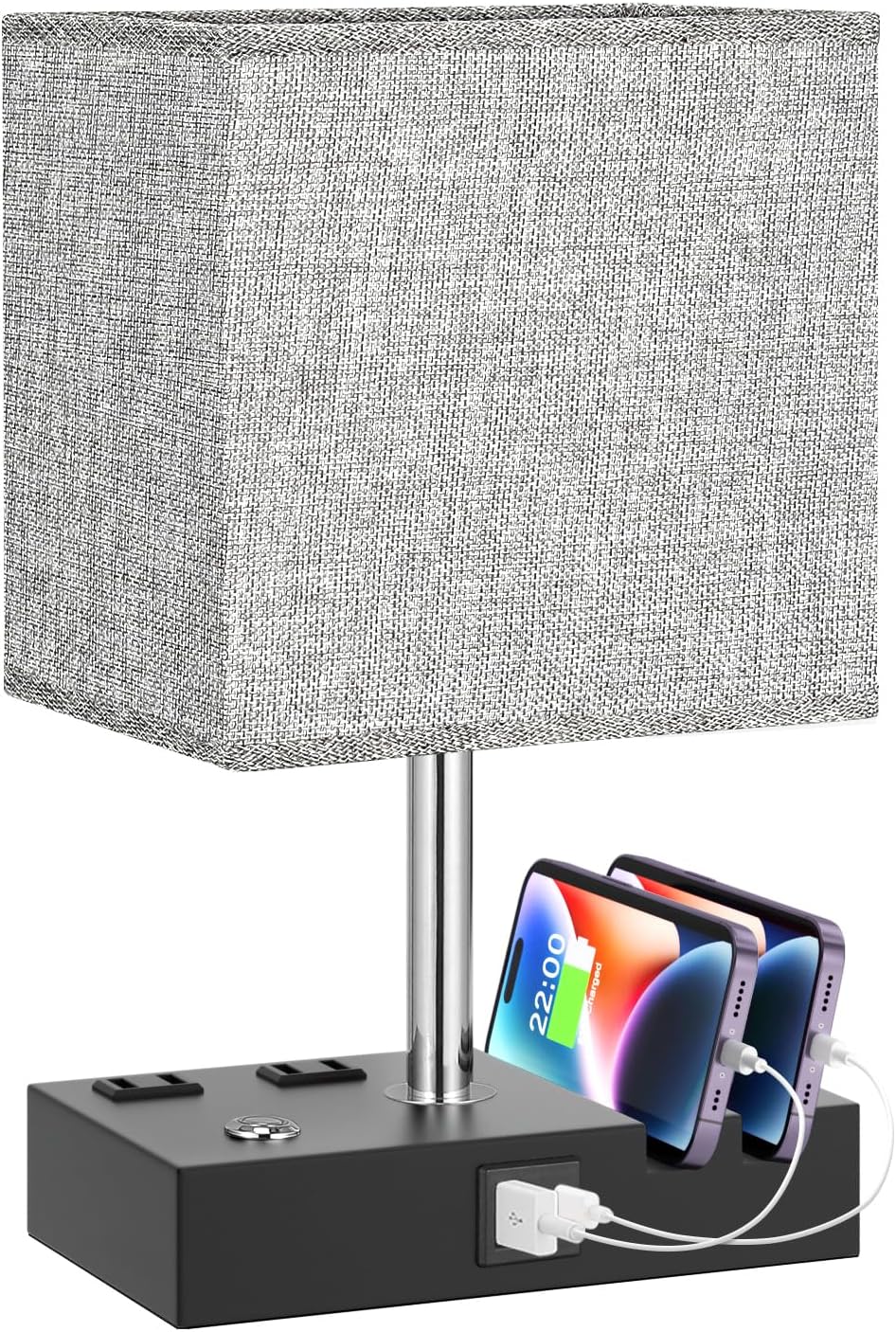 Bedside Table Lamp for Bedroom Nightstand - Stepless Dimmable, 2 AC Outlets