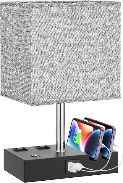 Bedside Table Lamp for Bedroom Nightstand - Stepless Dimmable, 2 AC Outlets