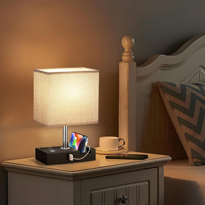 Bedside Table Lamp for Bedroom Nightstand - Stepless Dimmable, 2 AC Outlets