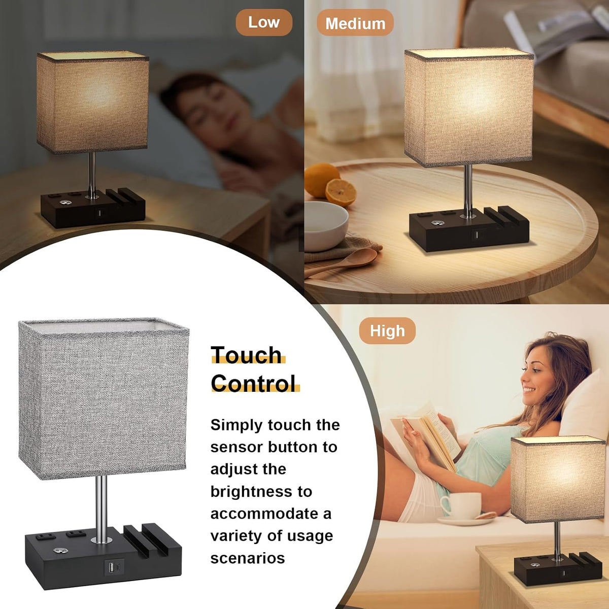 Bedside Table Lamp for Bedroom Nightstand - Stepless Dimmable, 2 AC Outlets