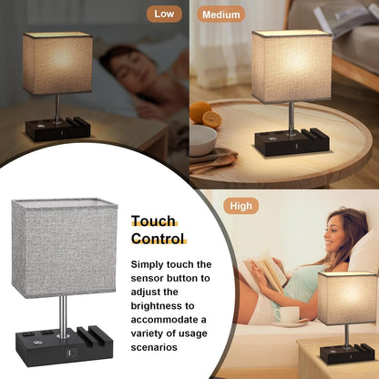 Bedside Table Lamp for Bedroom Nightstand - Stepless Dimmable, 2 AC Outlets