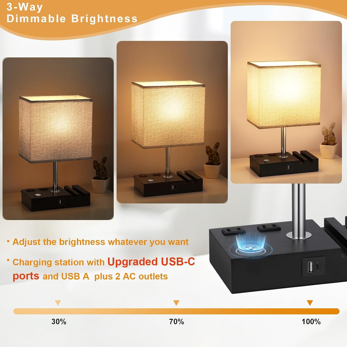 Bedside Table Lamp for Bedroom Nightstand - Stepless Dimmable, 2 AC Outlets