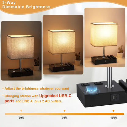 Bedside Table Lamp for Bedroom Nightstand - Stepless Dimmable, 2 AC Outlets