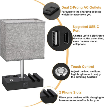 Bedside Table Lamp for Bedroom Nightstand - Stepless Dimmable, 2 AC Outlets