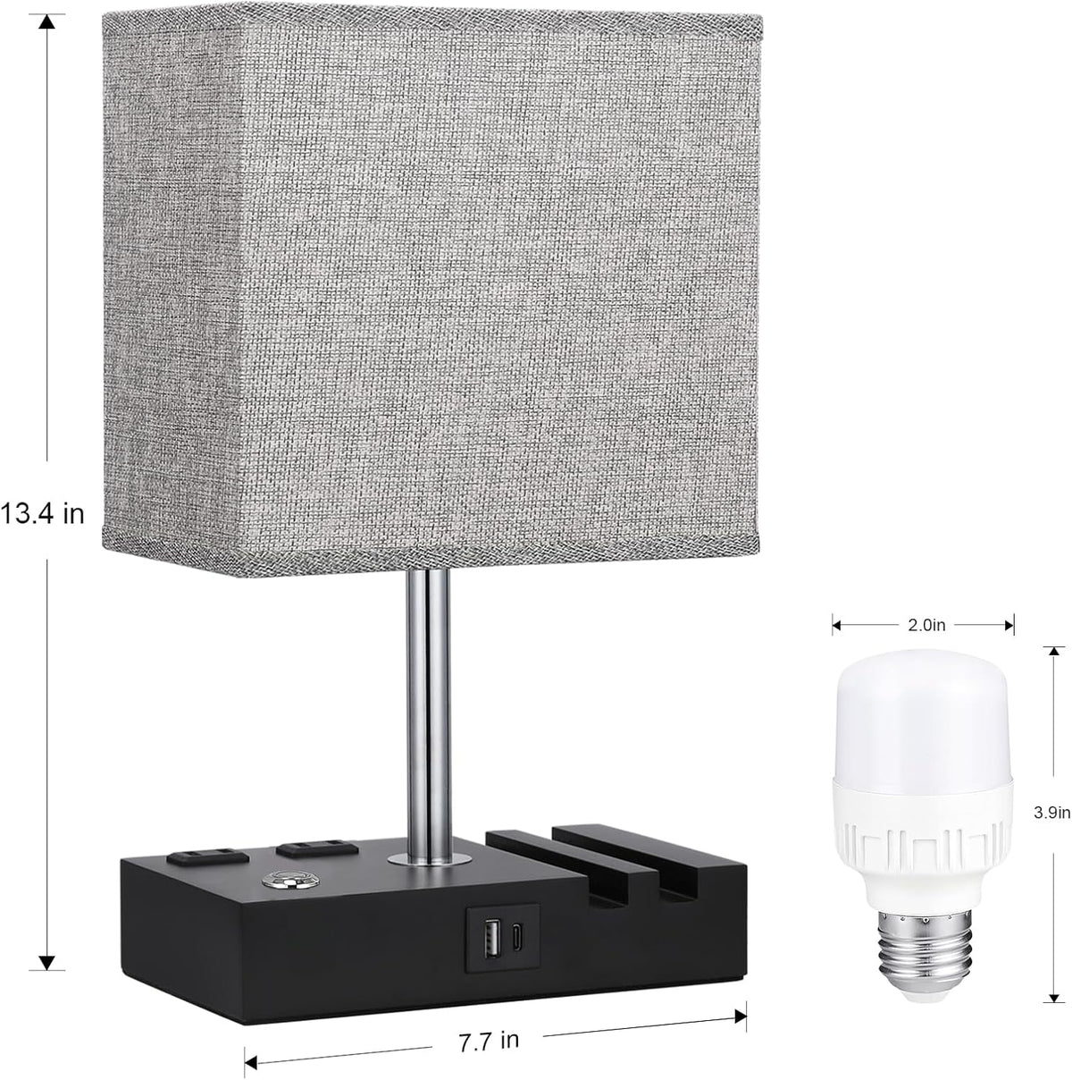 Bedside Table Lamp for Bedroom Nightstand - Stepless Dimmable, 2 AC Outlets