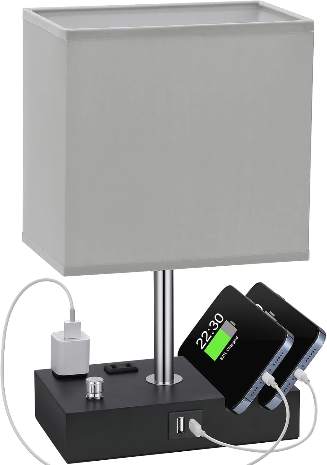 Bedside Table Lamp for Bedroom Nightstand - Stepless Dimmable, 2 AC Outlets