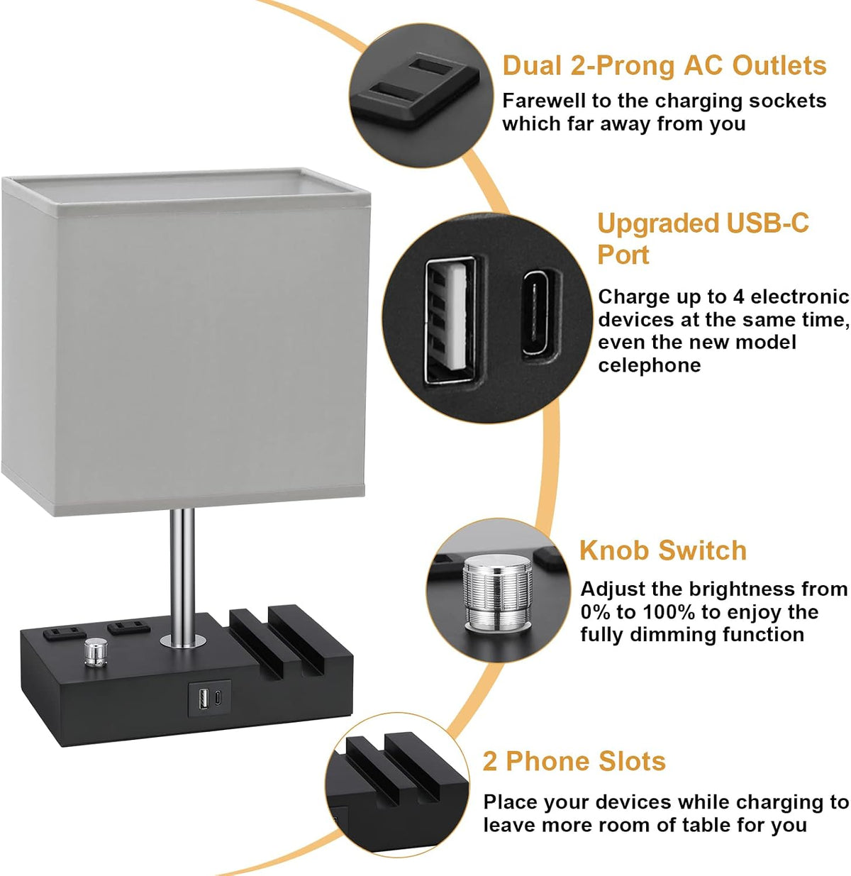 Bedside Table Lamp for Bedroom Nightstand - Stepless Dimmable, 2 AC Outlets
