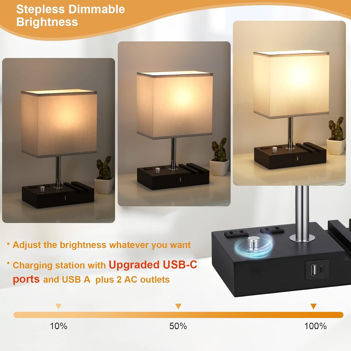 Bedside Table Lamp for Bedroom Nightstand - Stepless Dimmable, 2 AC Outlets