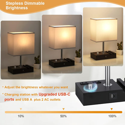 Bedside Table Lamp for Bedroom Nightstand - Stepless Dimmable, 2 AC Outlets