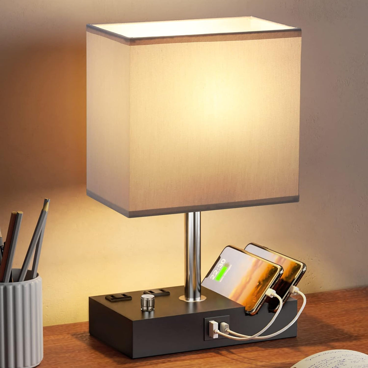 Bedside Table Lamp for Bedroom Nightstand - Stepless Dimmable, 2 AC Outlets