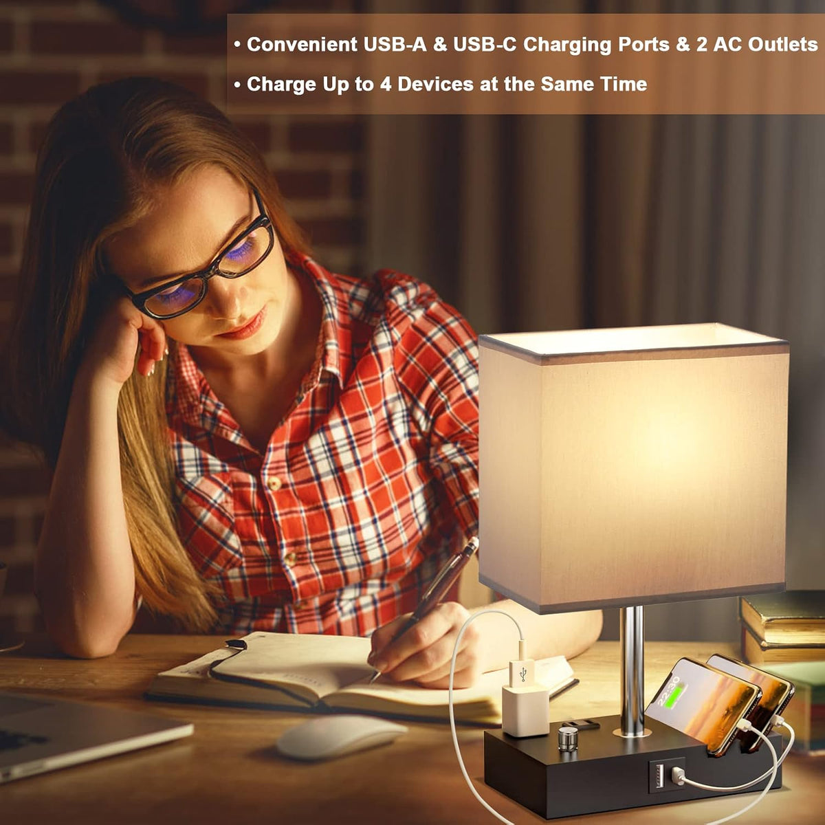 Bedside Table Lamp for Bedroom Nightstand - Stepless Dimmable, 2 AC Outlets