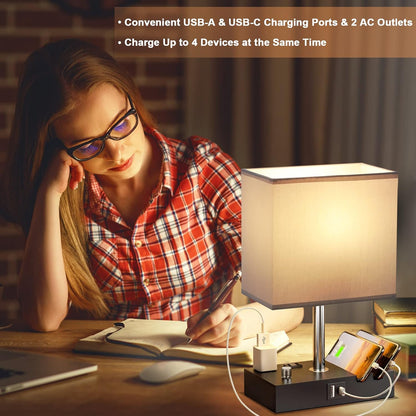 Bedside Table Lamp for Bedroom Nightstand - Stepless Dimmable, 2 AC Outlets