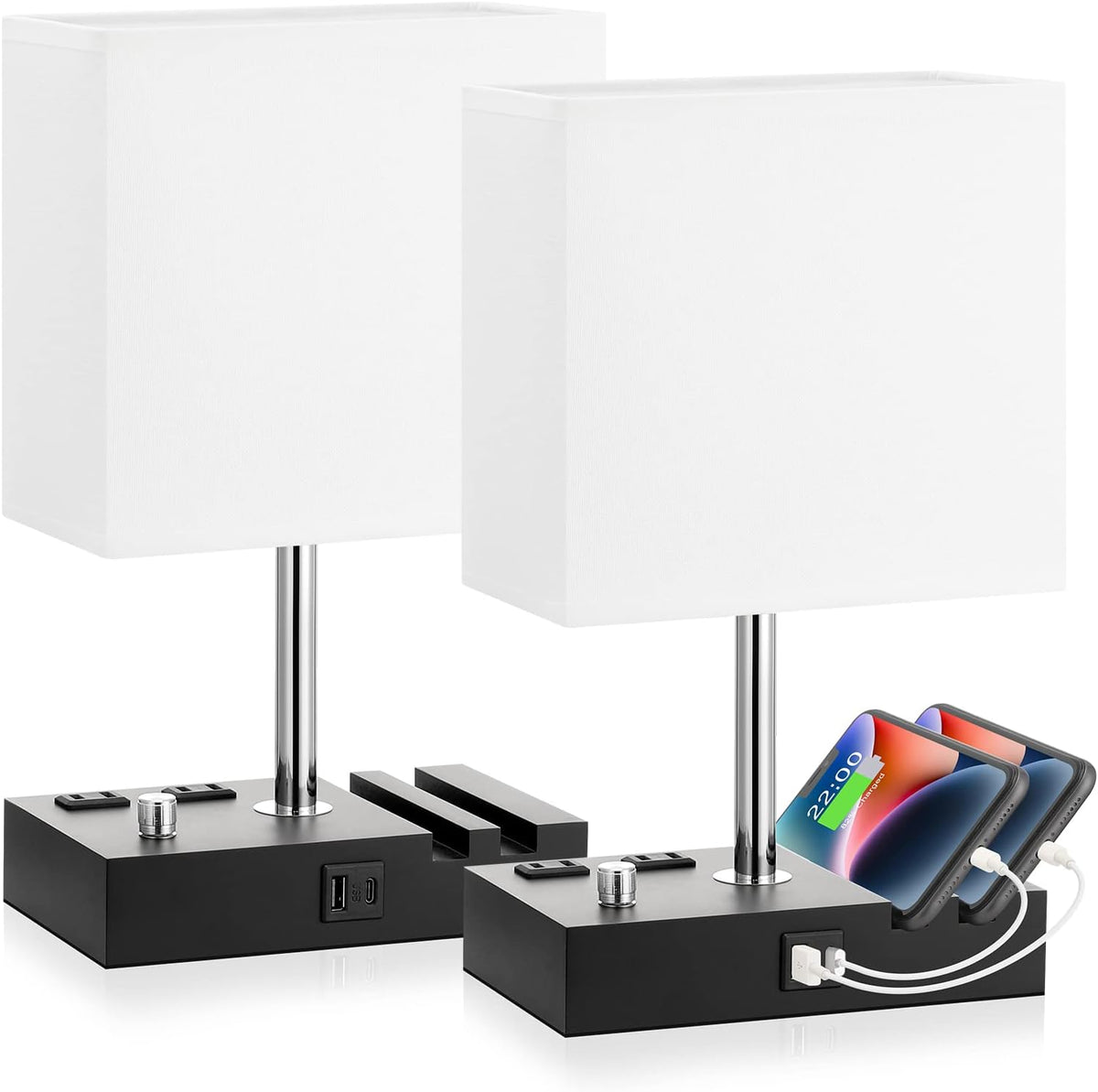 Bedside Table Lamp for Bedroom Nightstand - Stepless Dimmable, 2 AC Outlets