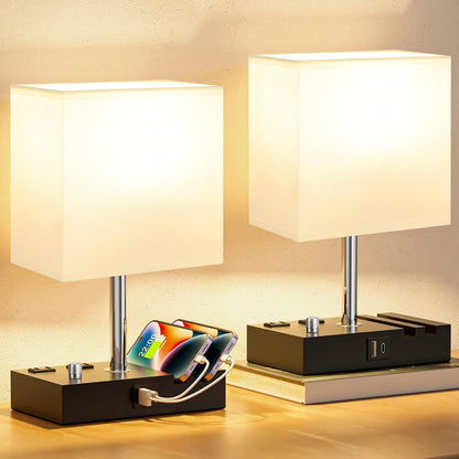 Bedside Table Lamp for Bedroom Nightstand - Stepless Dimmable, 2 AC Outlets