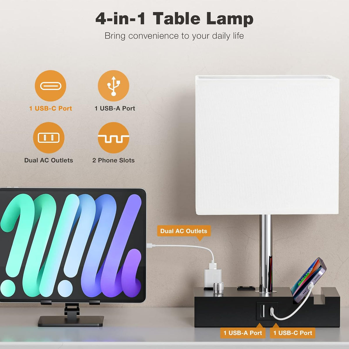 Bedside Table Lamp for Bedroom Nightstand - Stepless Dimmable, 2 AC Outlets