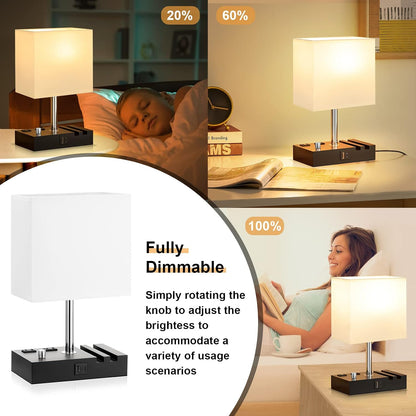 Bedside Table Lamp for Bedroom Nightstand - Stepless Dimmable, 2 AC Outlets