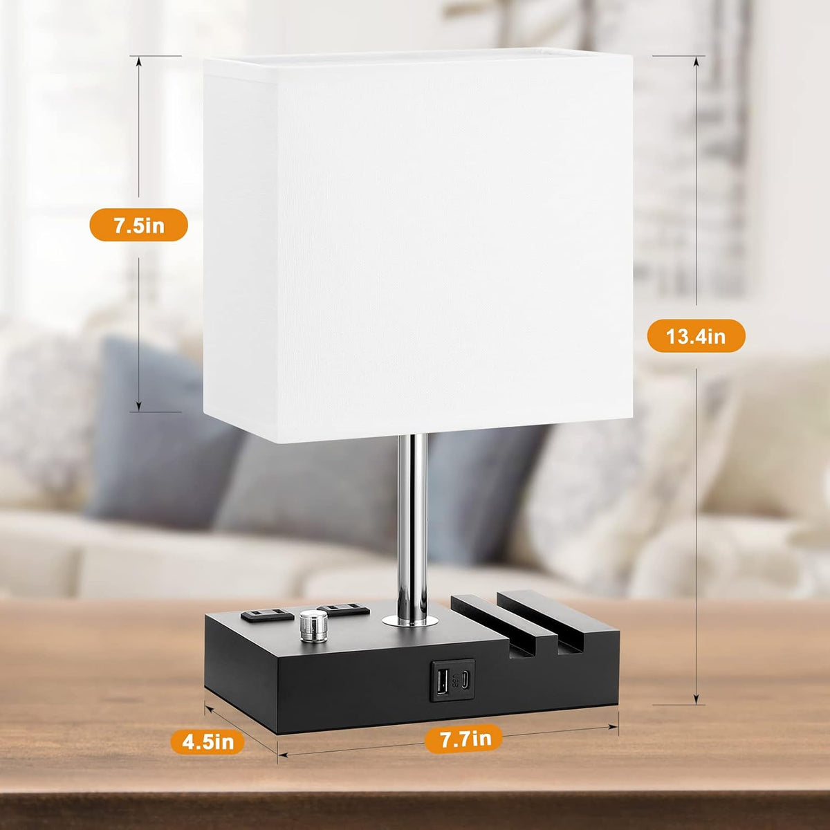 Bedside Table Lamp for Bedroom Nightstand - Stepless Dimmable, 2 AC Outlets