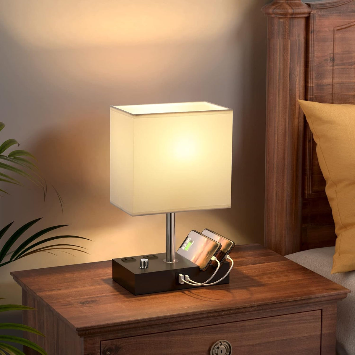 Bedside Table Lamp for Bedroom Nightstand - Stepless Dimmable, 2 AC Outlets
