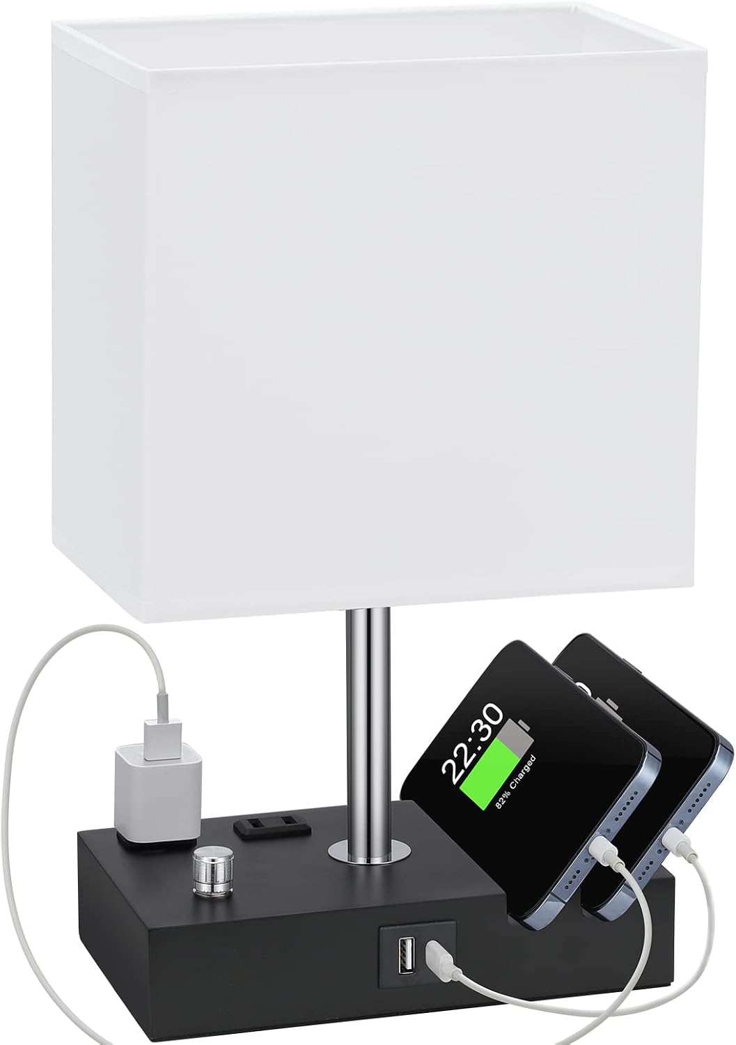 Bedside Table Lamp for Bedroom Nightstand - Stepless Dimmable, 2 AC Outlets