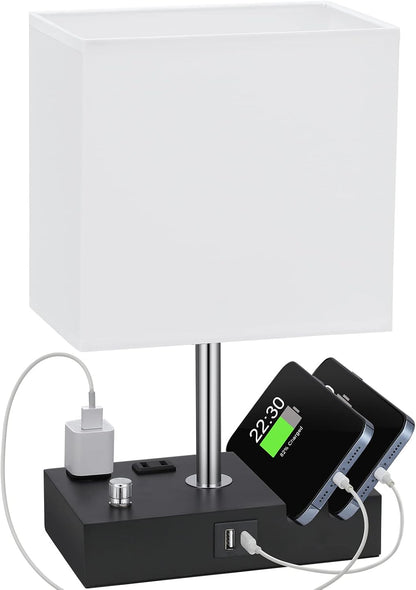 Bedside Table Lamp for Bedroom Nightstand - Stepless Dimmable, 2 AC Outlets
