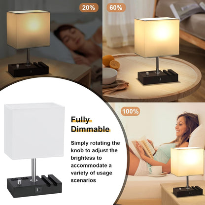 Bedside Table Lamp for Bedroom Nightstand - Stepless Dimmable, 2 AC Outlets