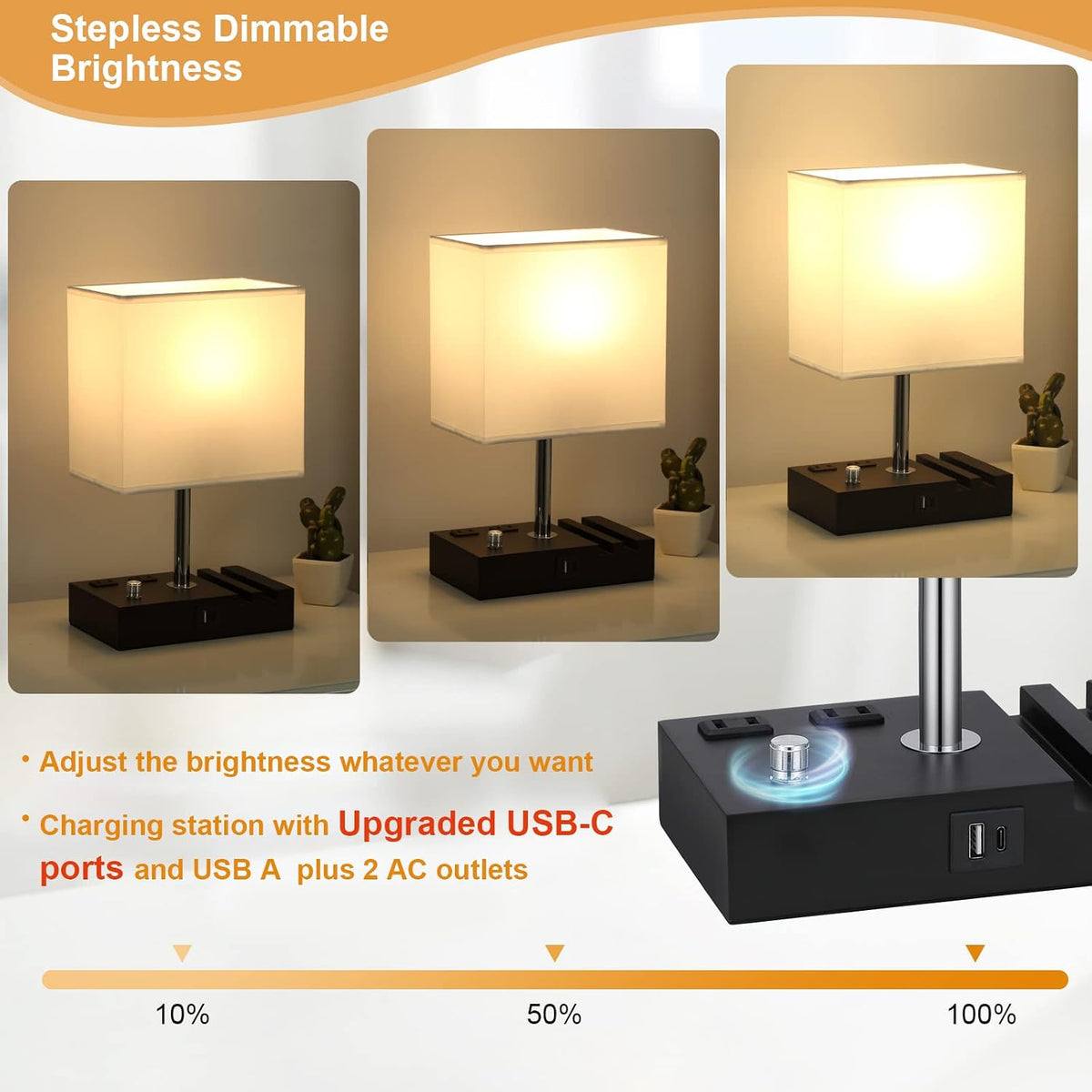Bedside Table Lamp for Bedroom Nightstand - Stepless Dimmable, 2 AC Outlets