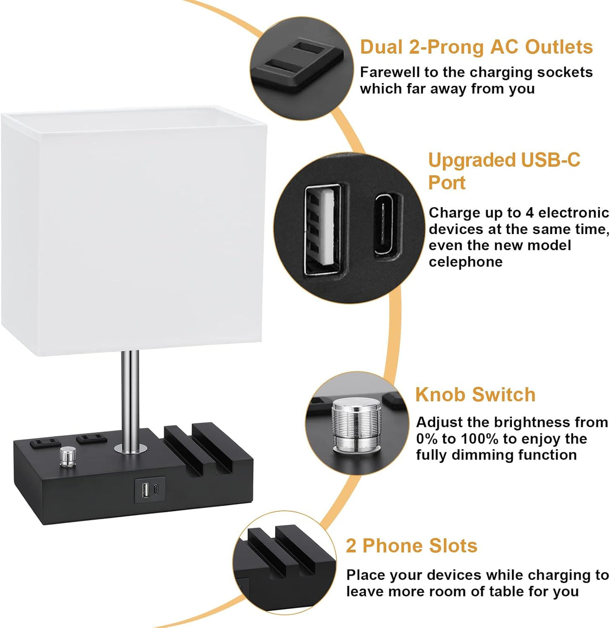 Bedside Table Lamp for Bedroom Nightstand - Stepless Dimmable, 2 AC Outlets