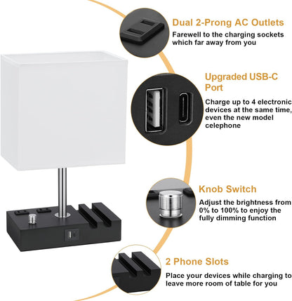 Bedside Table Lamp for Bedroom Nightstand - Stepless Dimmable, 2 AC Outlets