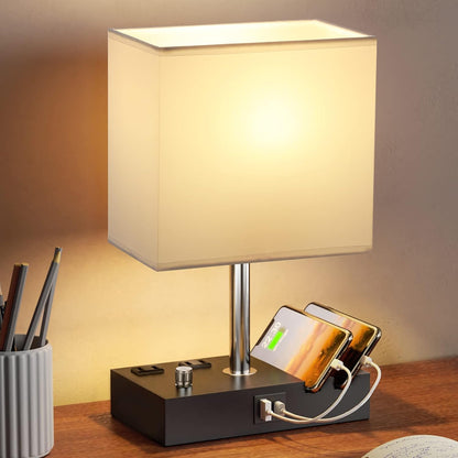 Bedside Table Lamp for Bedroom Nightstand - Stepless Dimmable, 2 AC Outlets