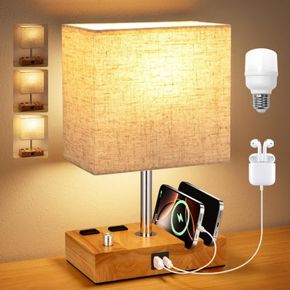 Bedside Table Lamp for Bedroom Nightstand - Stepless Dimmable, 2 AC Outlets