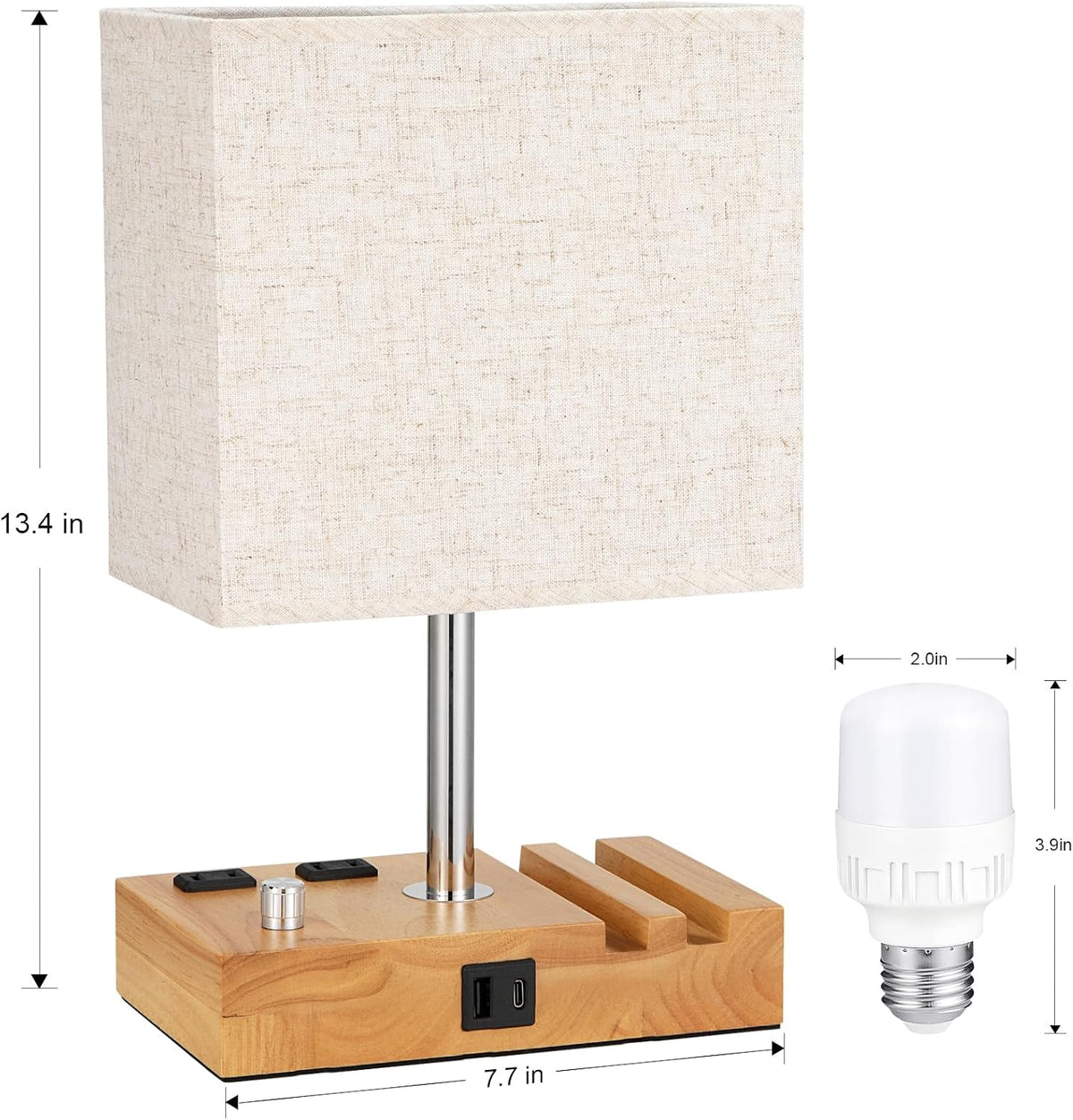 Bedside Table Lamp for Bedroom Nightstand - Stepless Dimmable, 2 AC Outlets