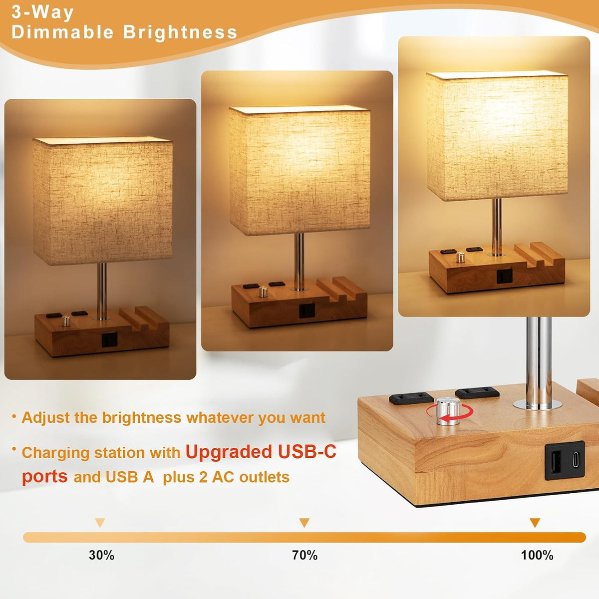 Bedside Table Lamp for Bedroom Nightstand - Stepless Dimmable, 2 AC Outlets
