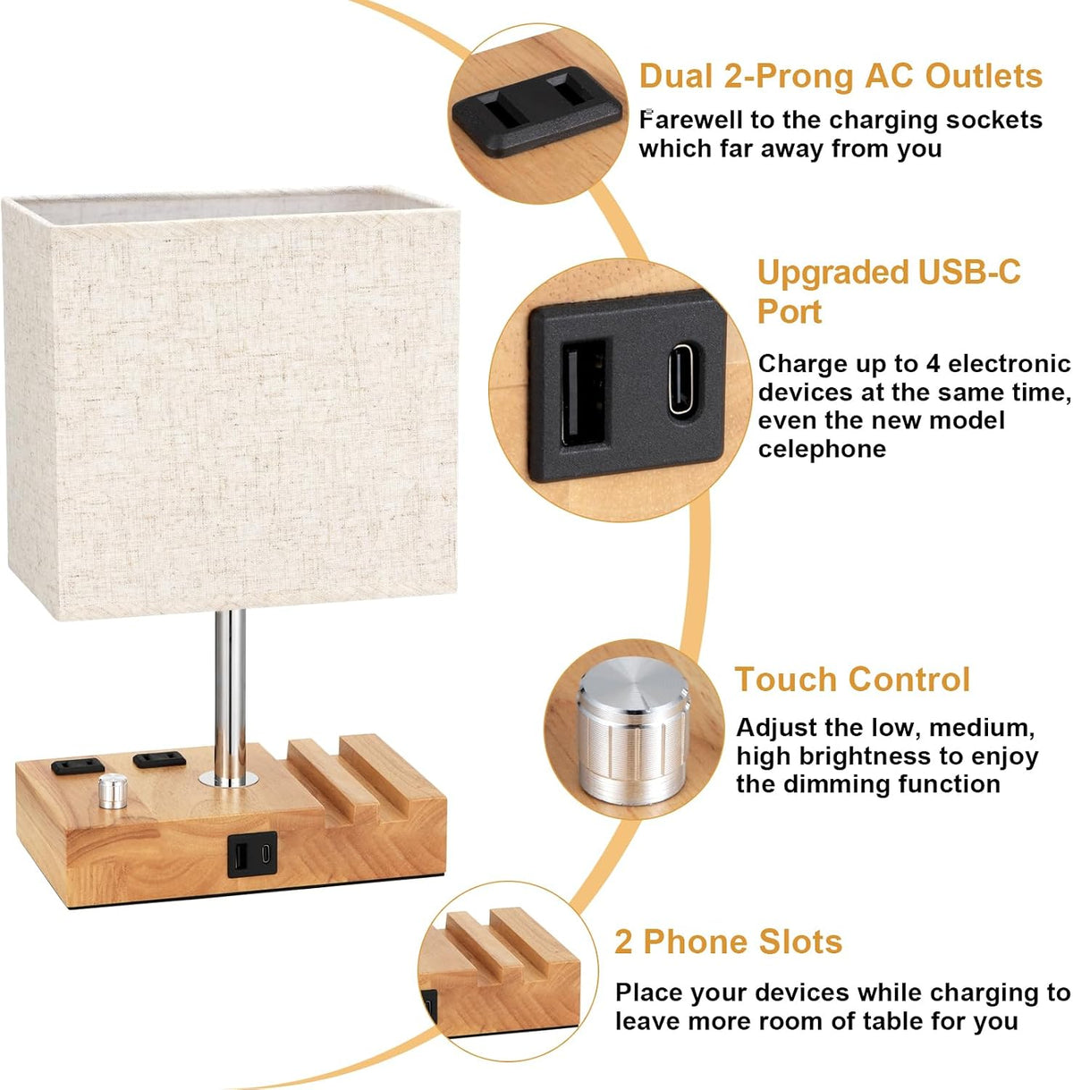 Bedside Table Lamp for Bedroom Nightstand - Stepless Dimmable, 2 AC Outlets