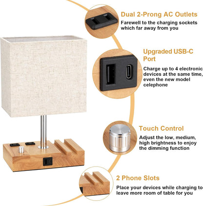 Bedside Table Lamp for Bedroom Nightstand - Stepless Dimmable, 2 AC Outlets