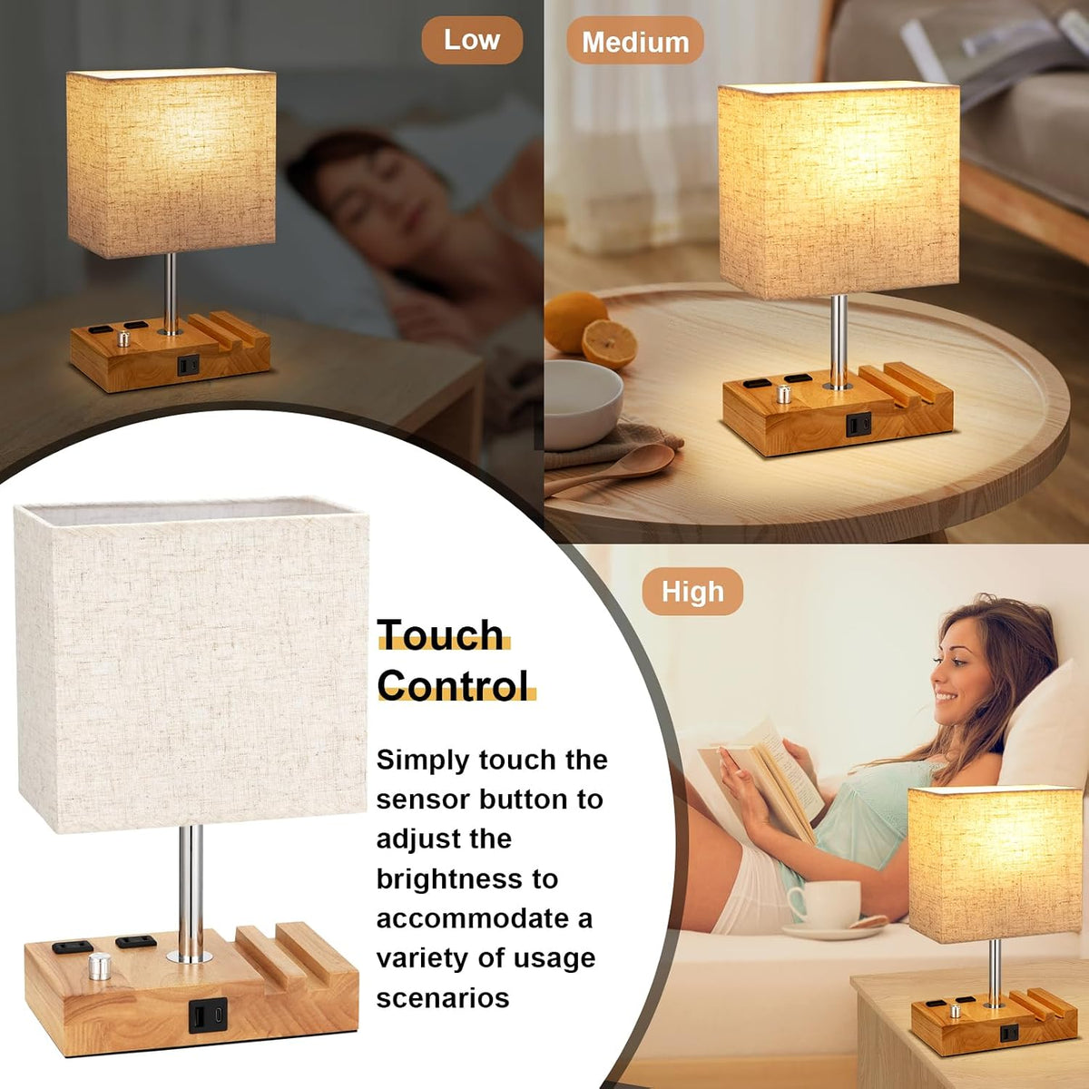Bedside Table Lamp for Bedroom Nightstand - Stepless Dimmable, 2 AC Outlets