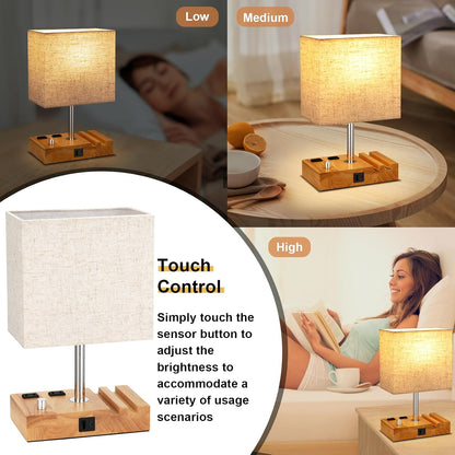 Bedside Table Lamp for Bedroom Nightstand - Stepless Dimmable, 2 AC Outlets