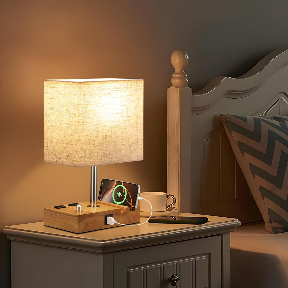 Bedside Table Lamp for Bedroom Nightstand - Stepless Dimmable, 2 AC Outlets
