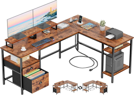 66'' L Shaped Desk with Power Outlet and 2 Drawers, Rustic Brown