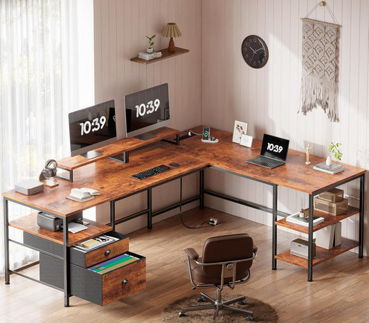 66'' L Shaped Desk with Power Outlet and 2 Drawers, Rustic Brown